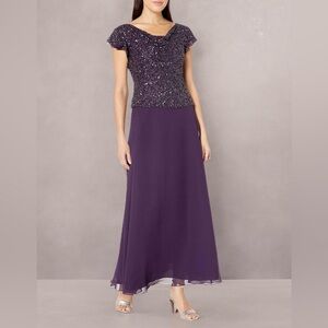 J Kara Womens Long Beaded Cowl Neck Flutter Sleeve Gown Dress